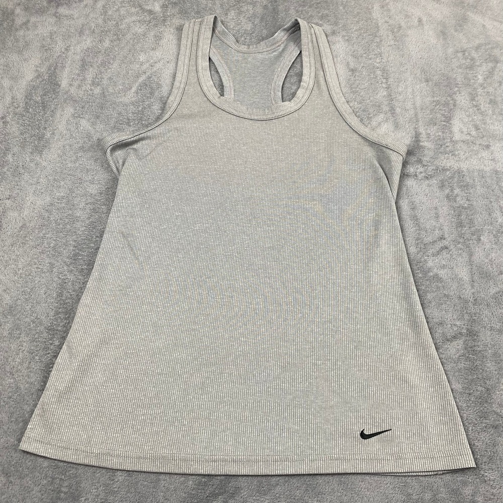 Nike Women M Tank Top Grey Ribbed Racerback Swoosh Logo Activewear